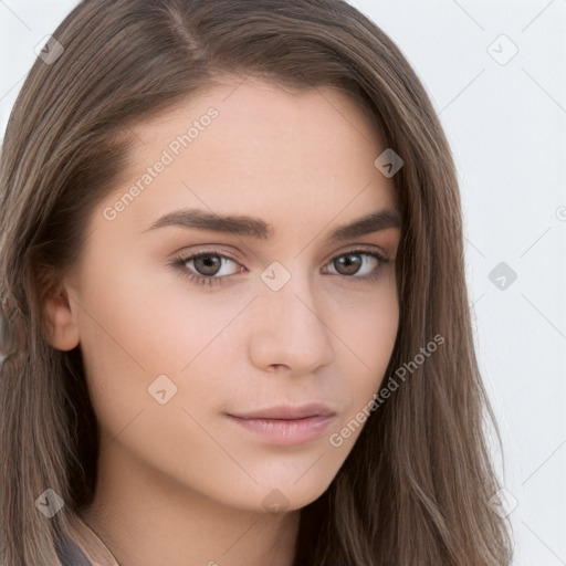 Neutral white young-adult female with long  brown hair and brown eyes