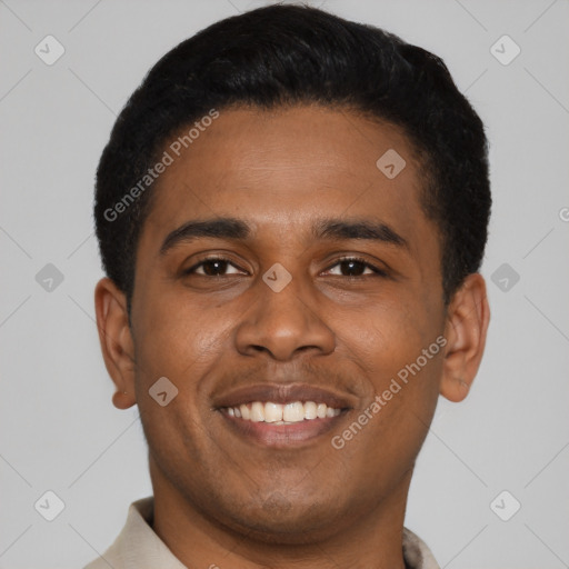 Joyful latino young-adult male with short  black hair and brown eyes