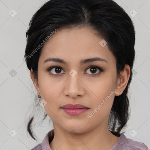 Joyful asian young-adult female with medium  black hair and brown eyes