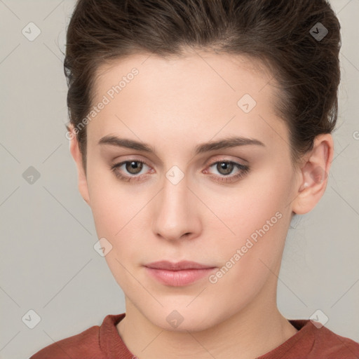 Neutral white young-adult female with short  brown hair and brown eyes