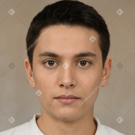 Neutral white young-adult male with short  brown hair and brown eyes