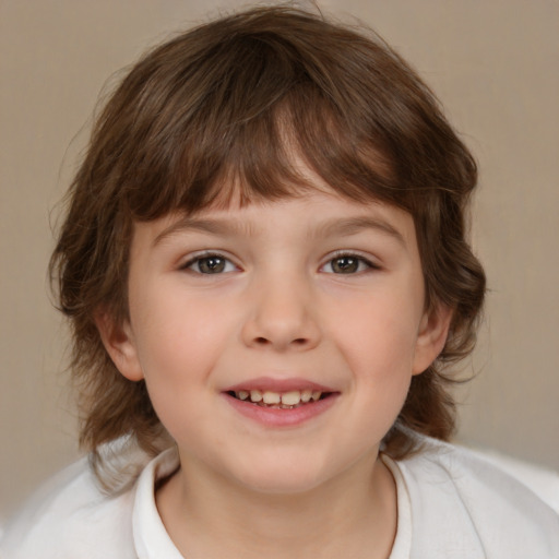 Joyful white child female with medium  brown hair and brown eyes