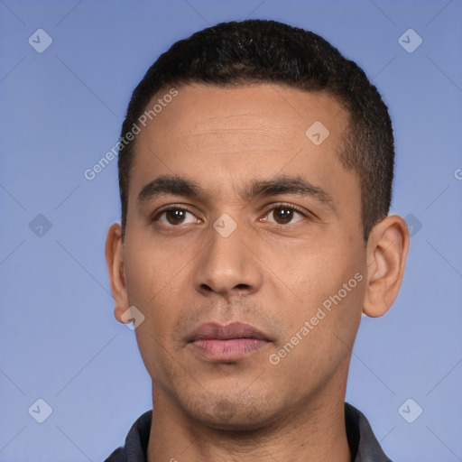 Neutral white young-adult male with short  black hair and brown eyes