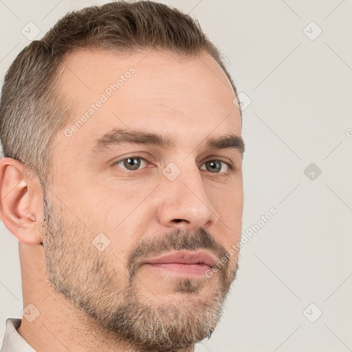 Neutral white young-adult male with short  brown hair and brown eyes