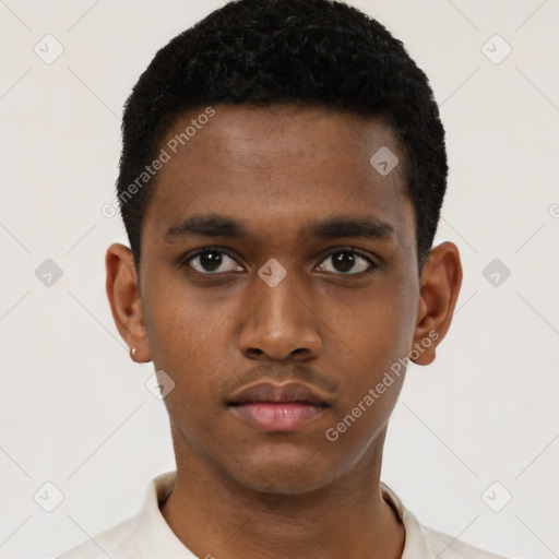 Neutral black young-adult male with short  black hair and brown eyes