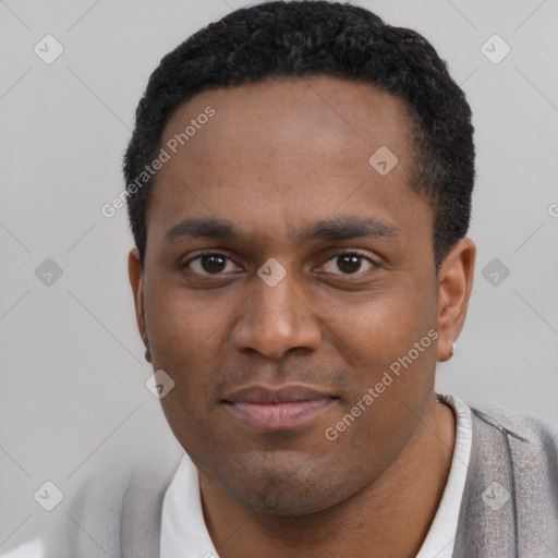 Neutral black young-adult male with short  black hair and brown eyes