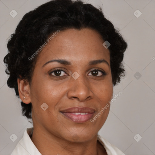 Joyful black adult female with short  brown hair and brown eyes