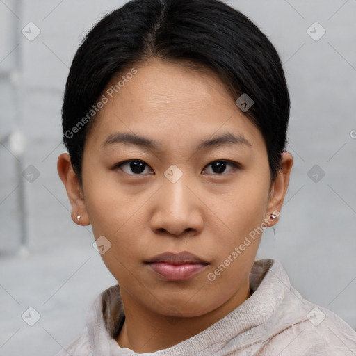 Neutral asian young-adult female with short  black hair and brown eyes