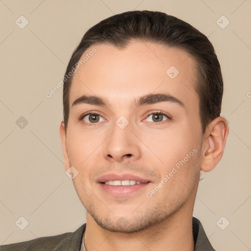 Joyful white young-adult male with short  brown hair and brown eyes