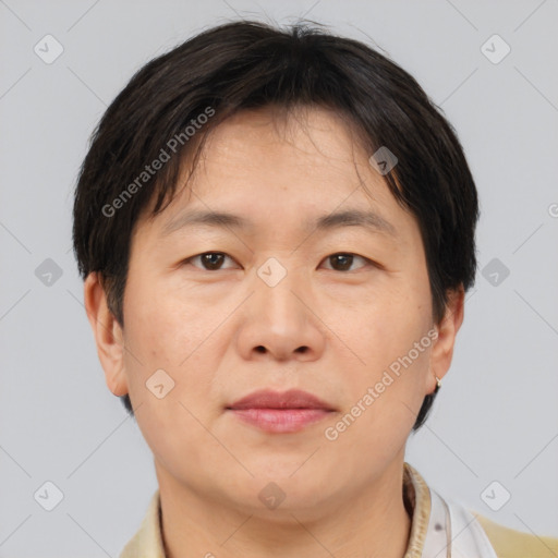 Neutral asian adult male with short  brown hair and brown eyes