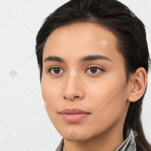 Neutral asian young-adult female with long  brown hair and brown eyes