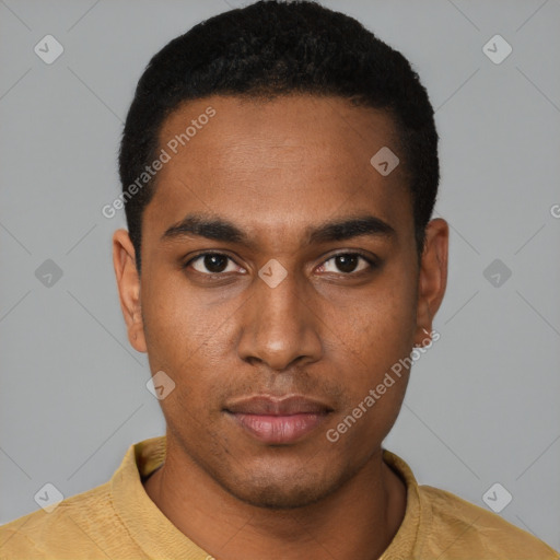 Neutral black young-adult male with short  black hair and brown eyes