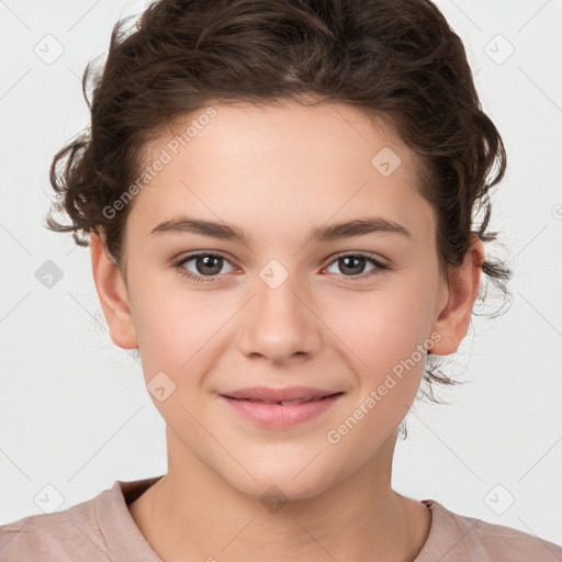 Joyful white child female with medium  brown hair and brown eyes