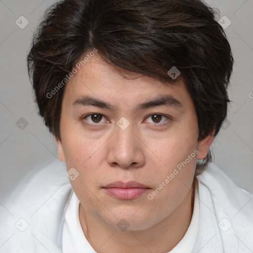 Joyful white young-adult male with medium  brown hair and brown eyes