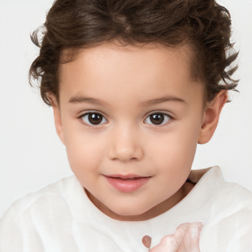 Joyful white child female with short  brown hair and brown eyes