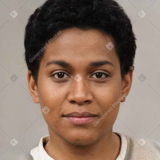 Joyful latino young-adult female with short  black hair and brown eyes