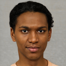 Neutral black young-adult male with short  black hair and brown eyes