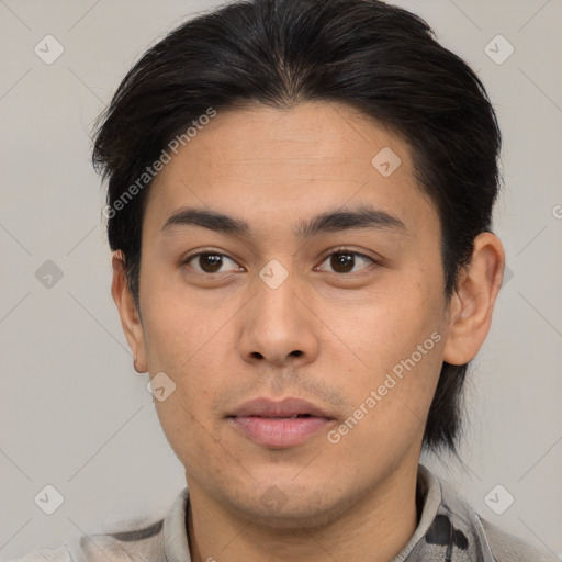 Neutral asian young-adult male with short  brown hair and brown eyes