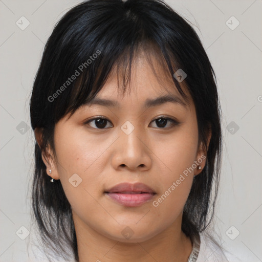 Neutral asian young-adult female with medium  brown hair and brown eyes