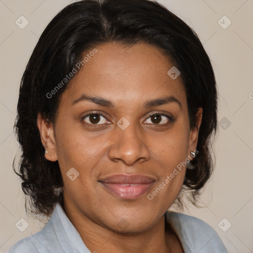 Joyful asian adult female with medium  brown hair and brown eyes