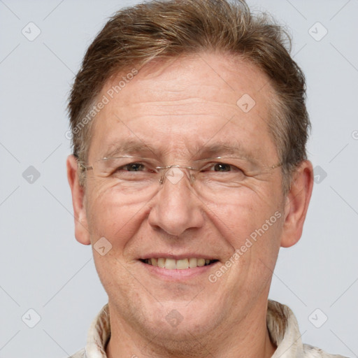 Joyful white middle-aged male with short  brown hair and grey eyes