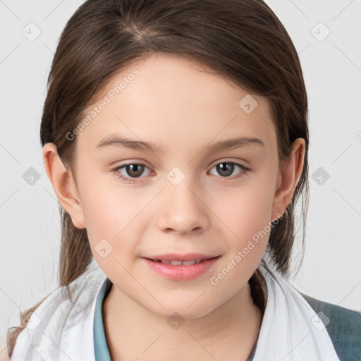 Joyful white child female with medium  brown hair and brown eyes