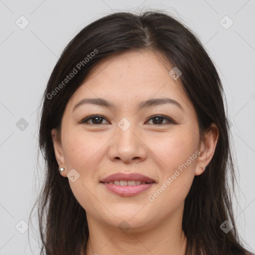 Joyful asian young-adult female with long  brown hair and brown eyes