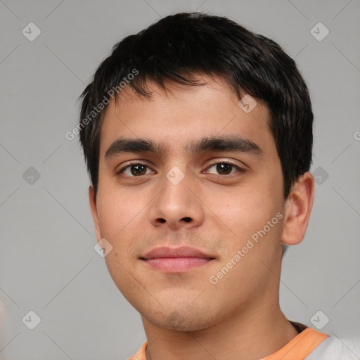 Neutral asian young-adult male with short  black hair and brown eyes