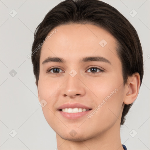 Joyful white young-adult female with short  brown hair and brown eyes