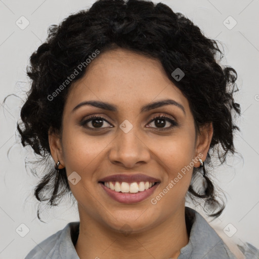 Joyful latino young-adult female with medium  black hair and brown eyes