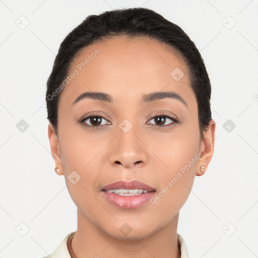 Joyful white young-adult female with short  black hair and brown eyes