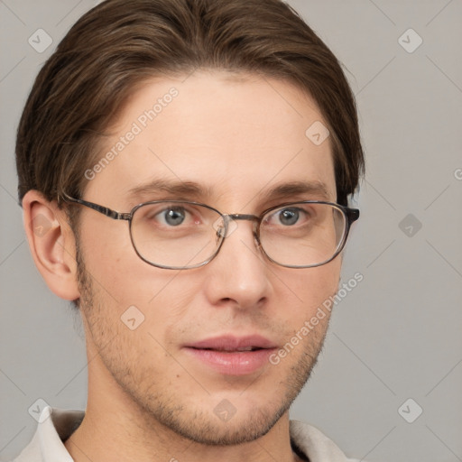 Neutral white young-adult male with short  brown hair and grey eyes