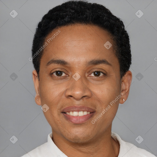 Joyful latino adult male with short  black hair and brown eyes