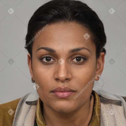 Neutral black young-adult female with short  brown hair and brown eyes