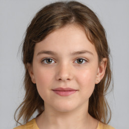 Joyful white child female with medium  brown hair and brown eyes