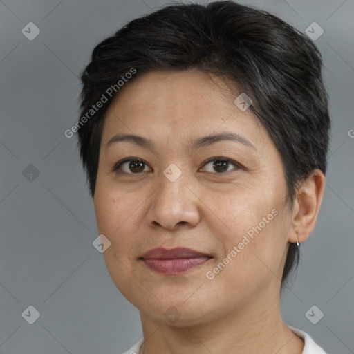 Joyful white adult female with short  brown hair and brown eyes