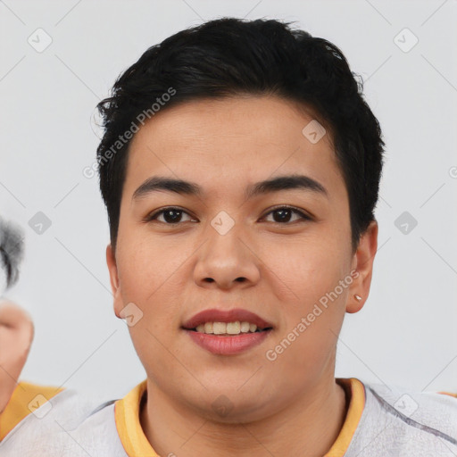 Joyful asian young-adult female with short  brown hair and brown eyes