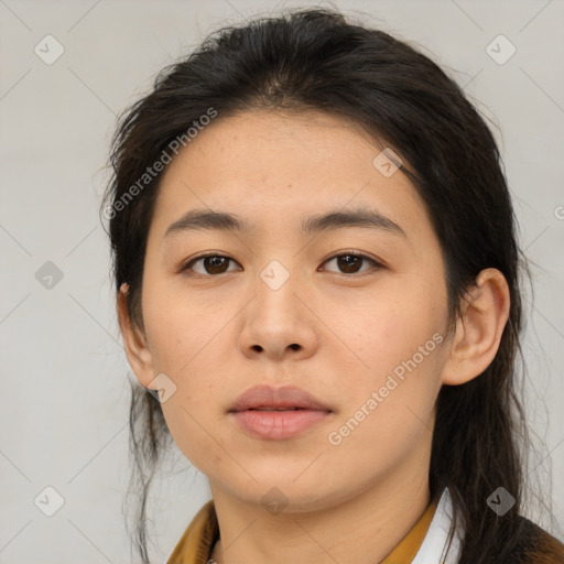 Neutral asian young-adult female with medium  brown hair and brown eyes