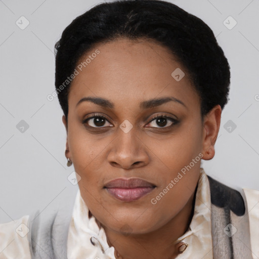 Joyful black young-adult female with short  black hair and brown eyes