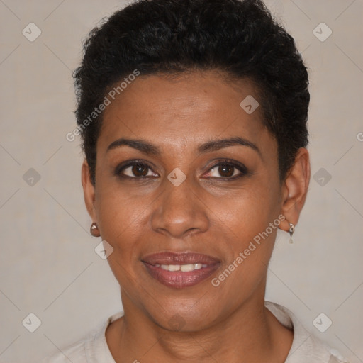 Joyful black adult female with short  brown hair and brown eyes