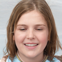 Joyful white child female with medium  brown hair and grey eyes