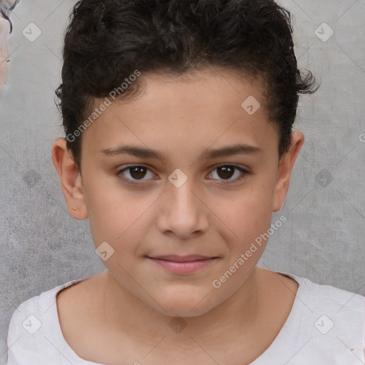 Joyful white child female with short  brown hair and brown eyes