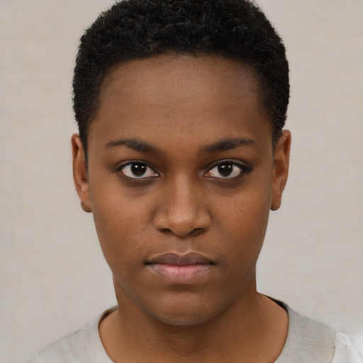 Neutral black young-adult female with short  black hair and brown eyes
