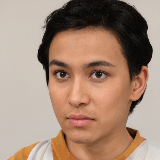 Neutral asian young-adult male with short  brown hair and brown eyes