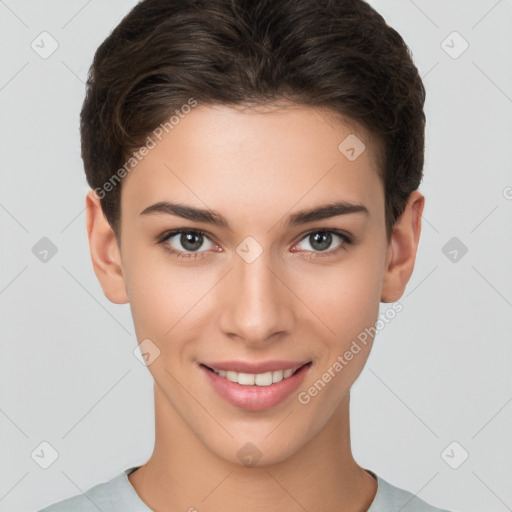 Joyful white young-adult female with short  brown hair and brown eyes