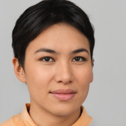 Joyful asian young-adult female with short  brown hair and brown eyes