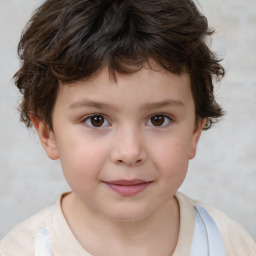 Joyful white child female with short  brown hair and brown eyes