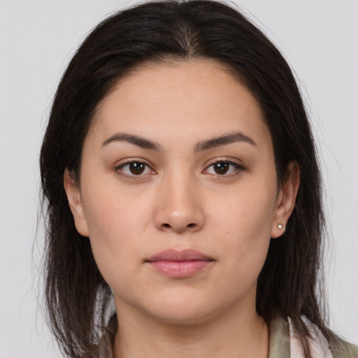Neutral white young-adult female with medium  brown hair and brown eyes