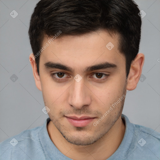 Neutral white young-adult male with short  brown hair and brown eyes