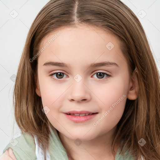 Joyful white child female with medium  brown hair and brown eyes